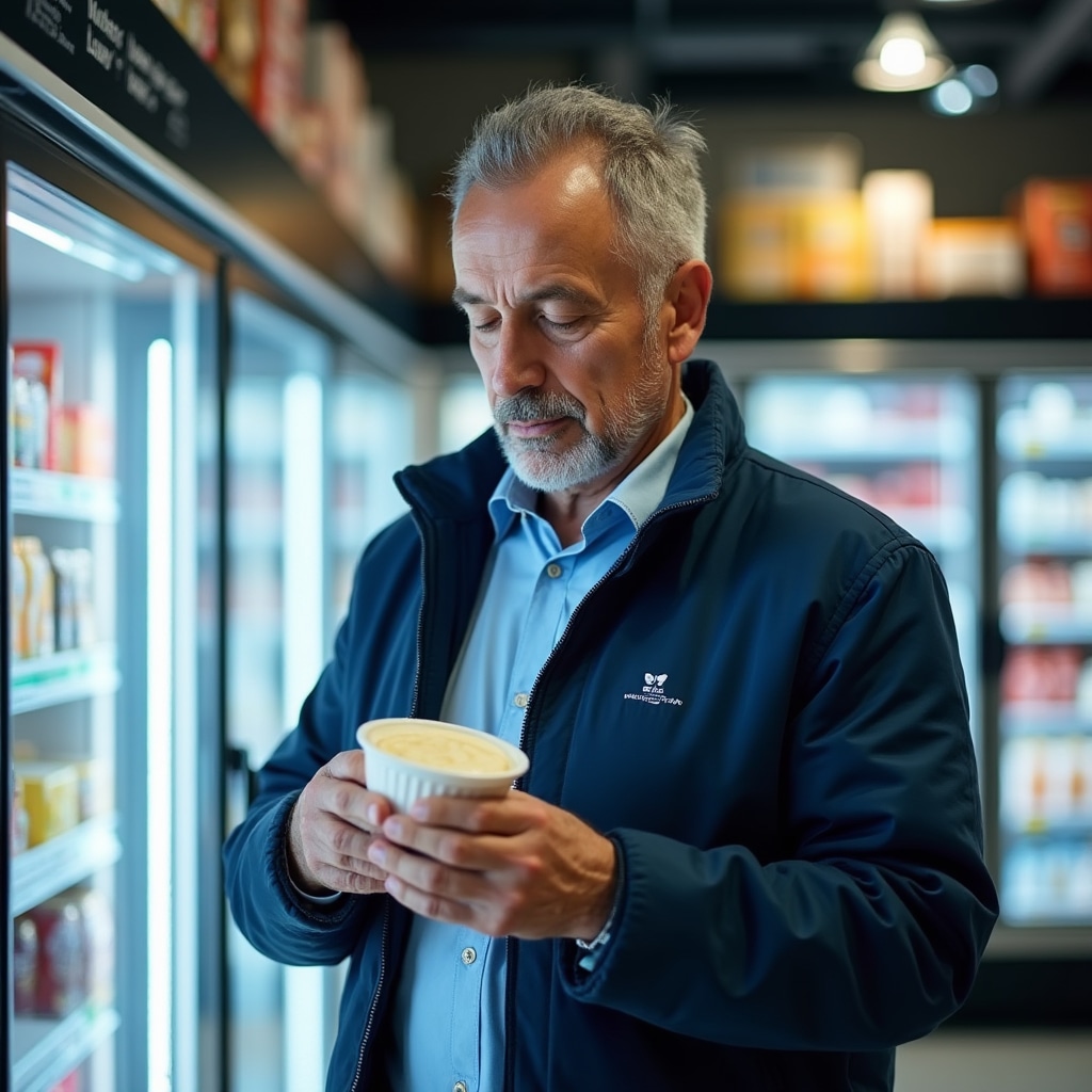 Adulto che legge attentamente un'etichetta alimentare nel reparto latticini del supermercato a Verona