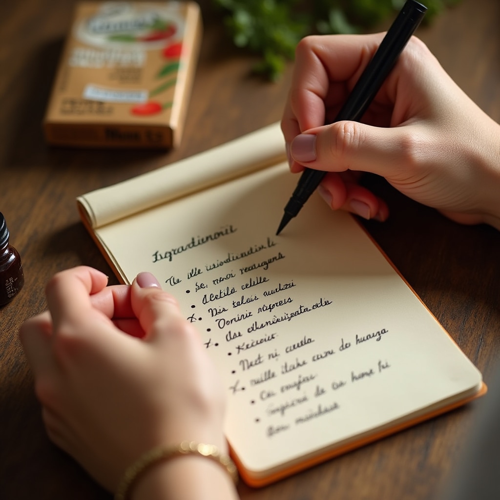 Dettaglio di una nota scritta durante la verifica degli ingredienti di un prodotto confezionato