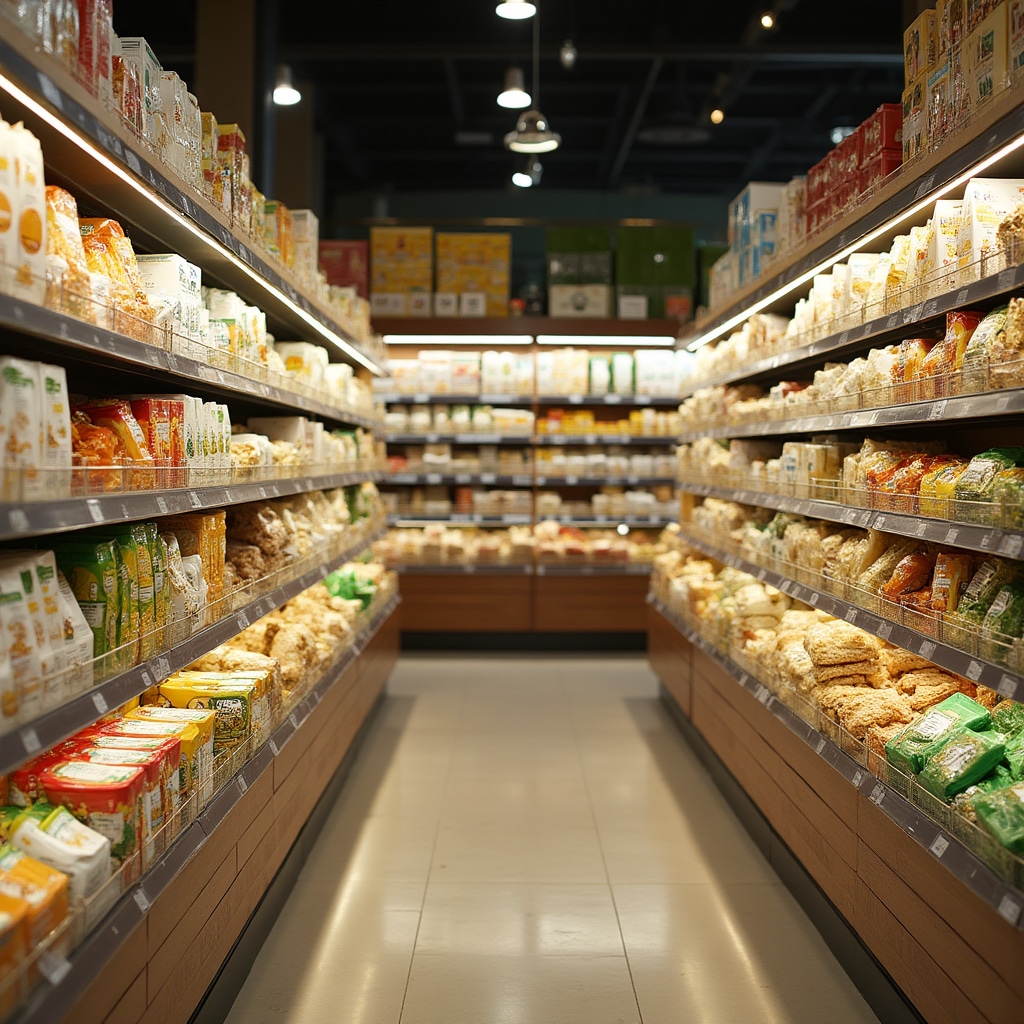 Scaffale dedicato ai prodotti senza glutine e senza lattosio in un supermercato moderno