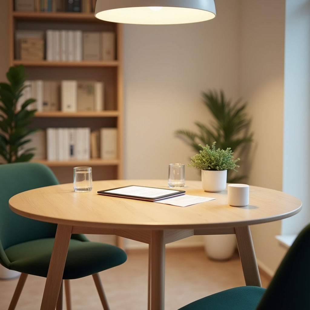 Spazio di consultazione Fynavmor con tavolo, sedie e documentazione sui prodotti alimentari